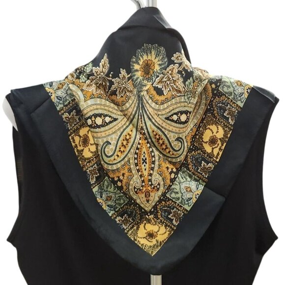 Paisley Floral Silk Scarf 27" Square Black Yellow Mint Accents Hand-Rolled - Picture 3 of 14